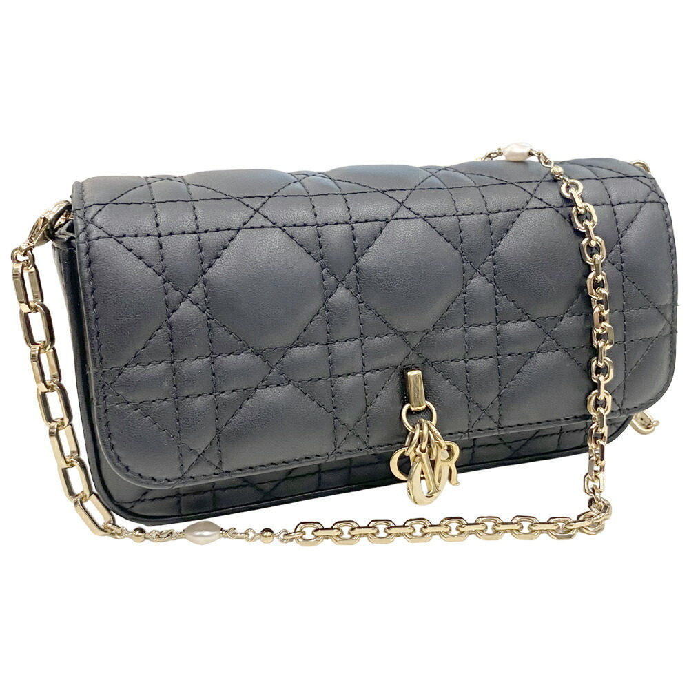 Christian Dior Lady Phone Chain Shoulder Bag Faux Pearl Lambskin